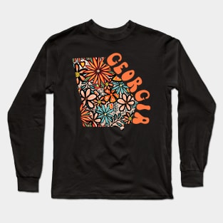 Georgia State Design | Artist Designed Illustration Featuring Georgia State Outline Filled With Retro Flowers with Retro Hand-Lettering Long Sleeve T-Shirt